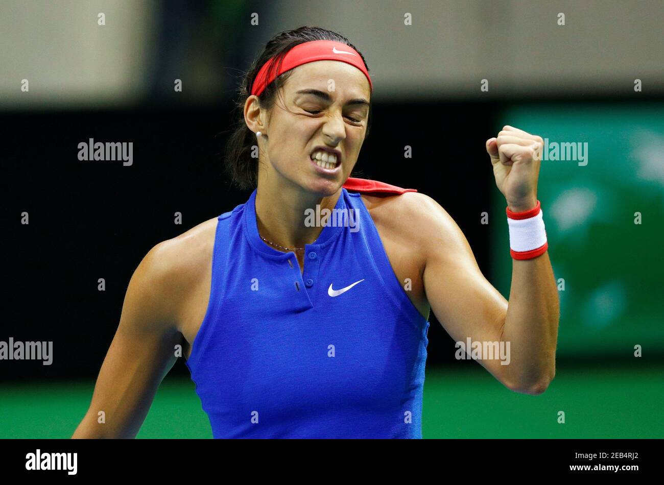 Tennis - Fed Cup - Fed Cup World Group - First Round - Belgium v France -  Country Hall du Sart-Tilman, Liege, Belgium - February 10, 2019 France's  Caroline Garcia reacts during