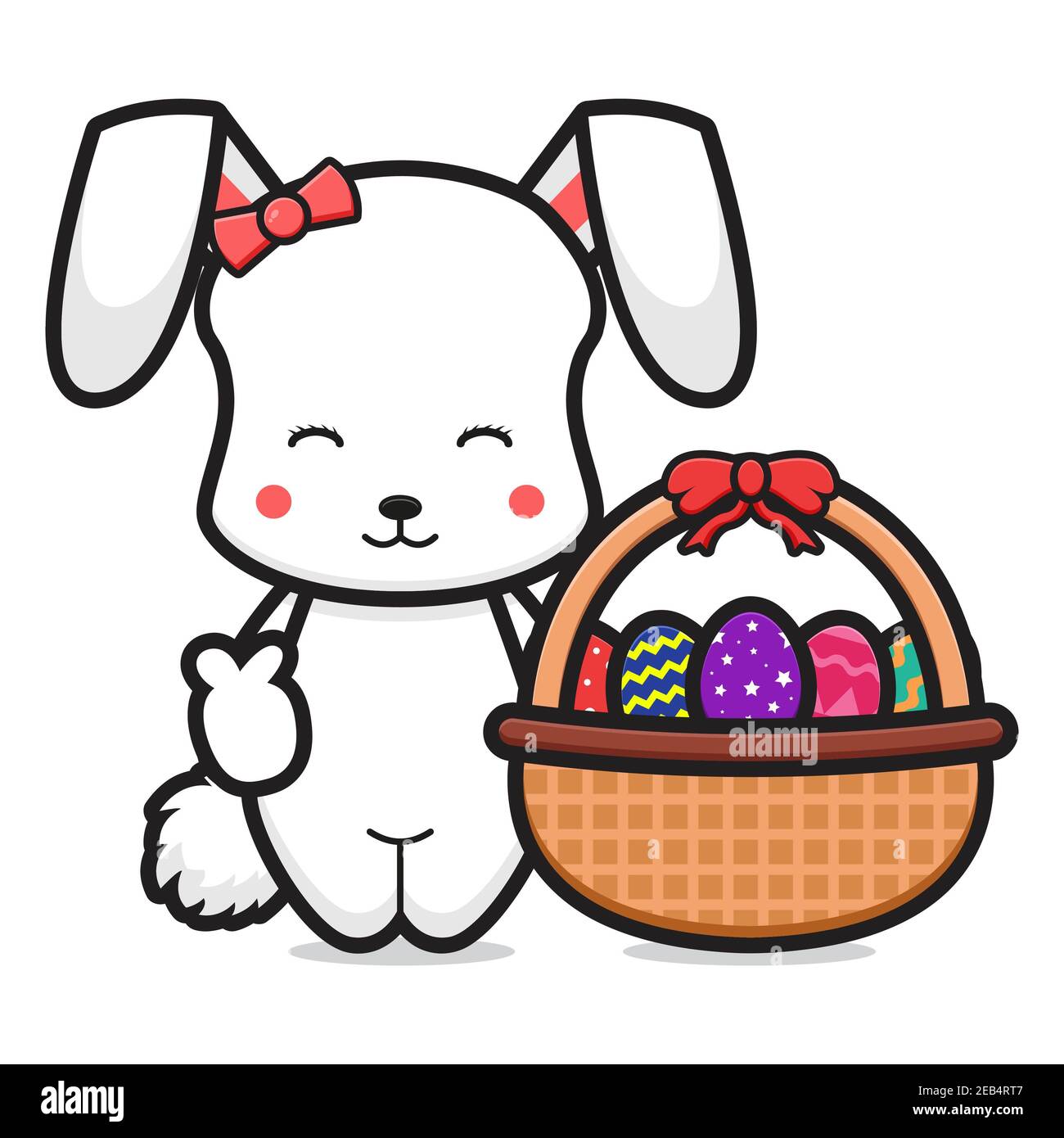 Cute rabbit holding basket contain colorful eggs cartoon vector icon ...