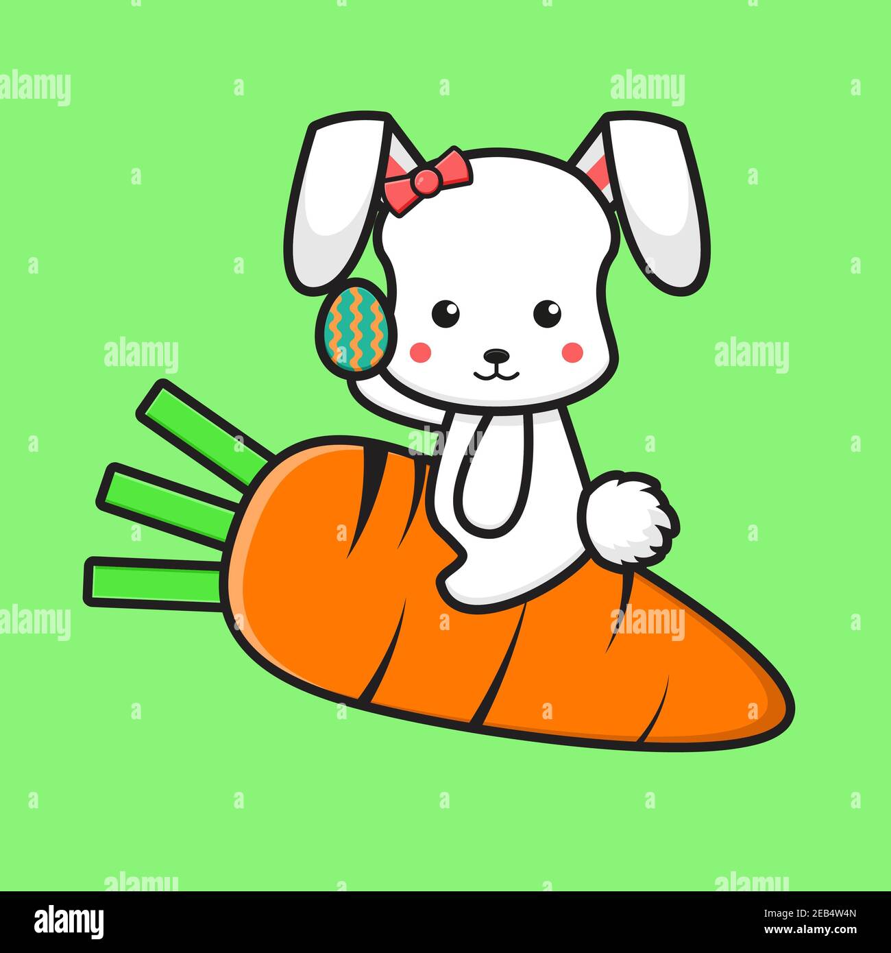 Cute rabbit character flying with carrot and holding egg cartoon vector ...