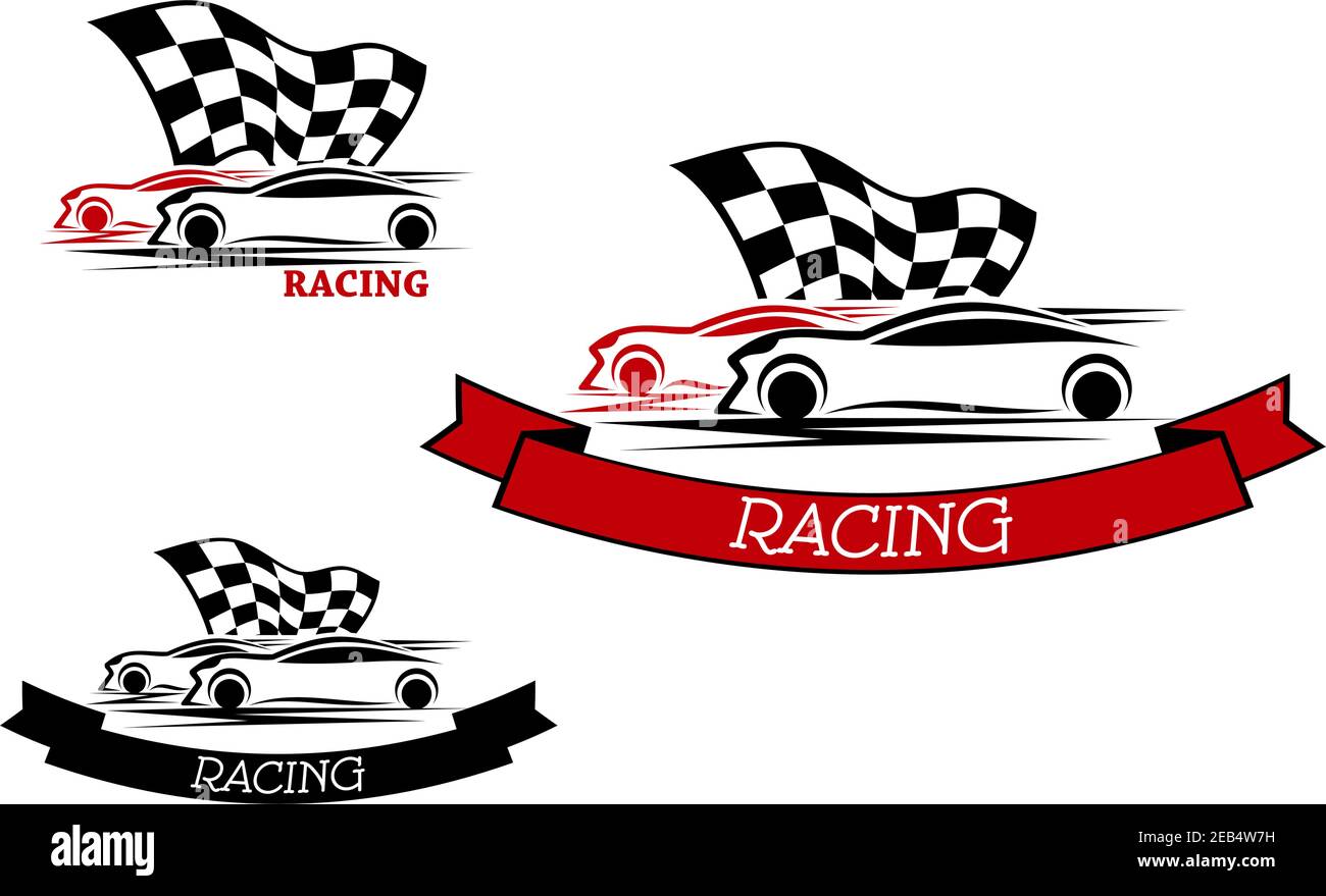 Racing sport emblems design with competition of red and black cars with
