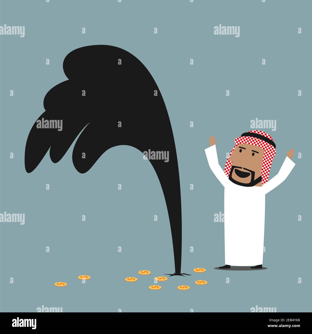 Cartoon wealthy and lucky arabian businessman standing near an oil gusher and celebrating successful discovery of oil well. Success, wealth or oil ind Stock Vector