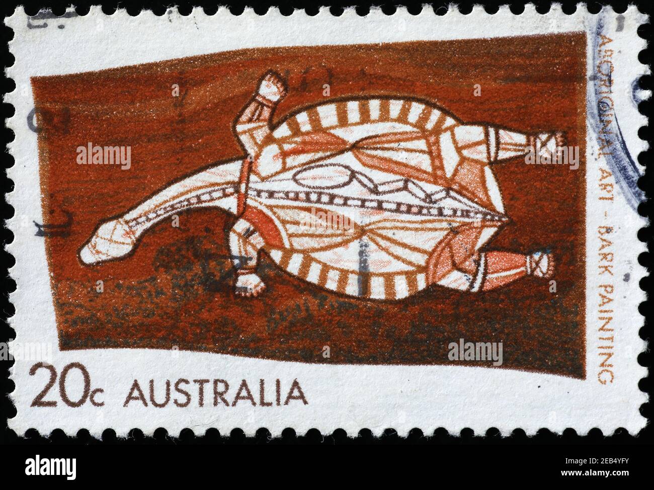 Aboriginal bark painting of a turtle on australian stamp Stock Photo
