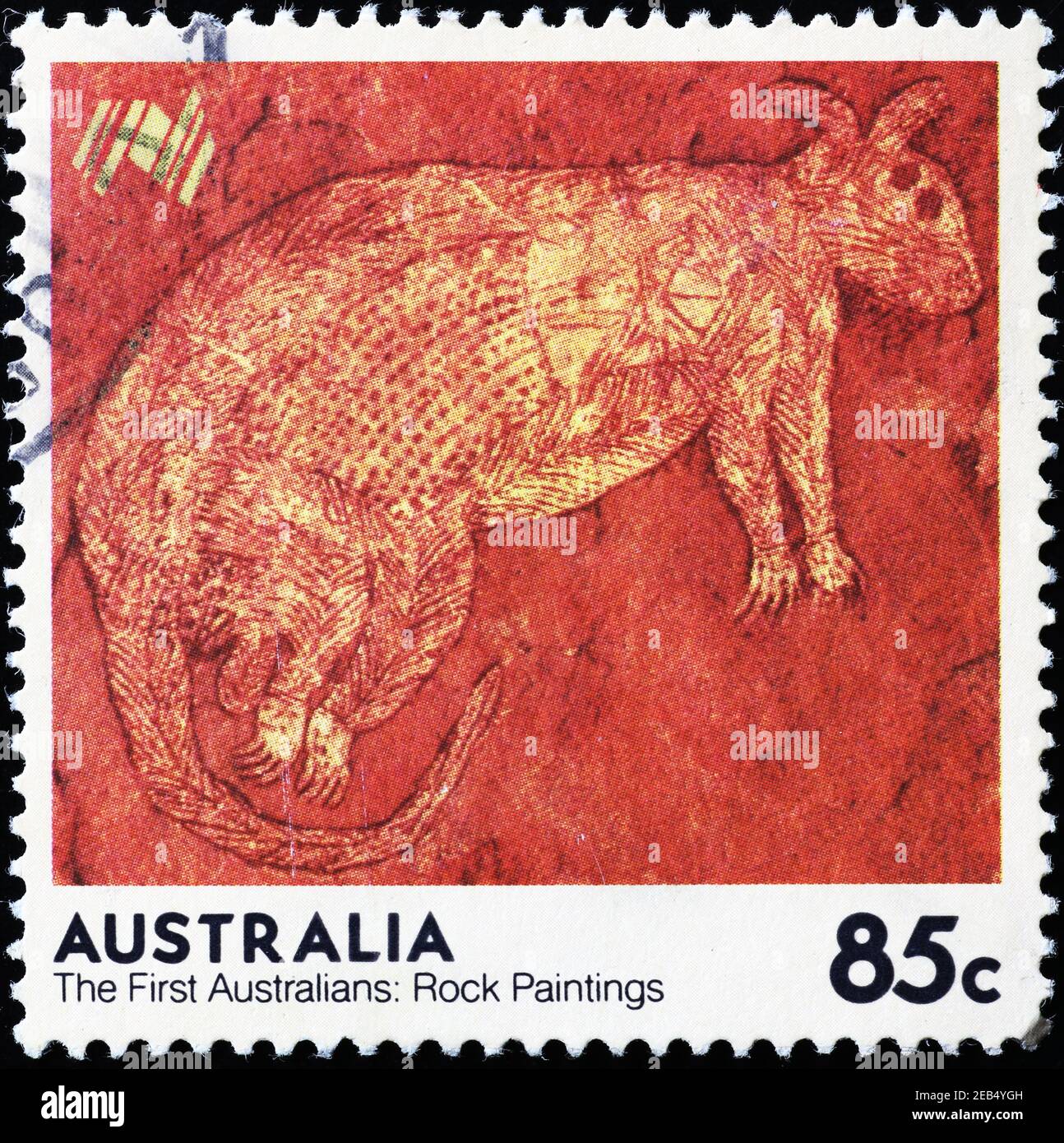 Aboriginal rock painting of a wallaby on australian stamp Stock Photo