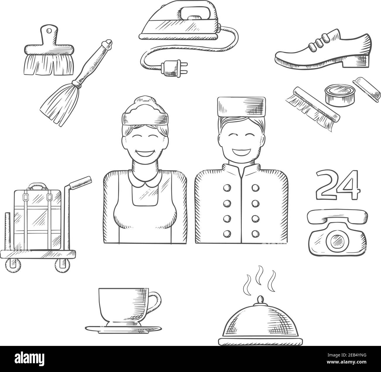 Hotel service icons in sketch style with bell boy, maid, ironing and breakfast, cleaning and laundry, luggage and shoeshine Stock Vector