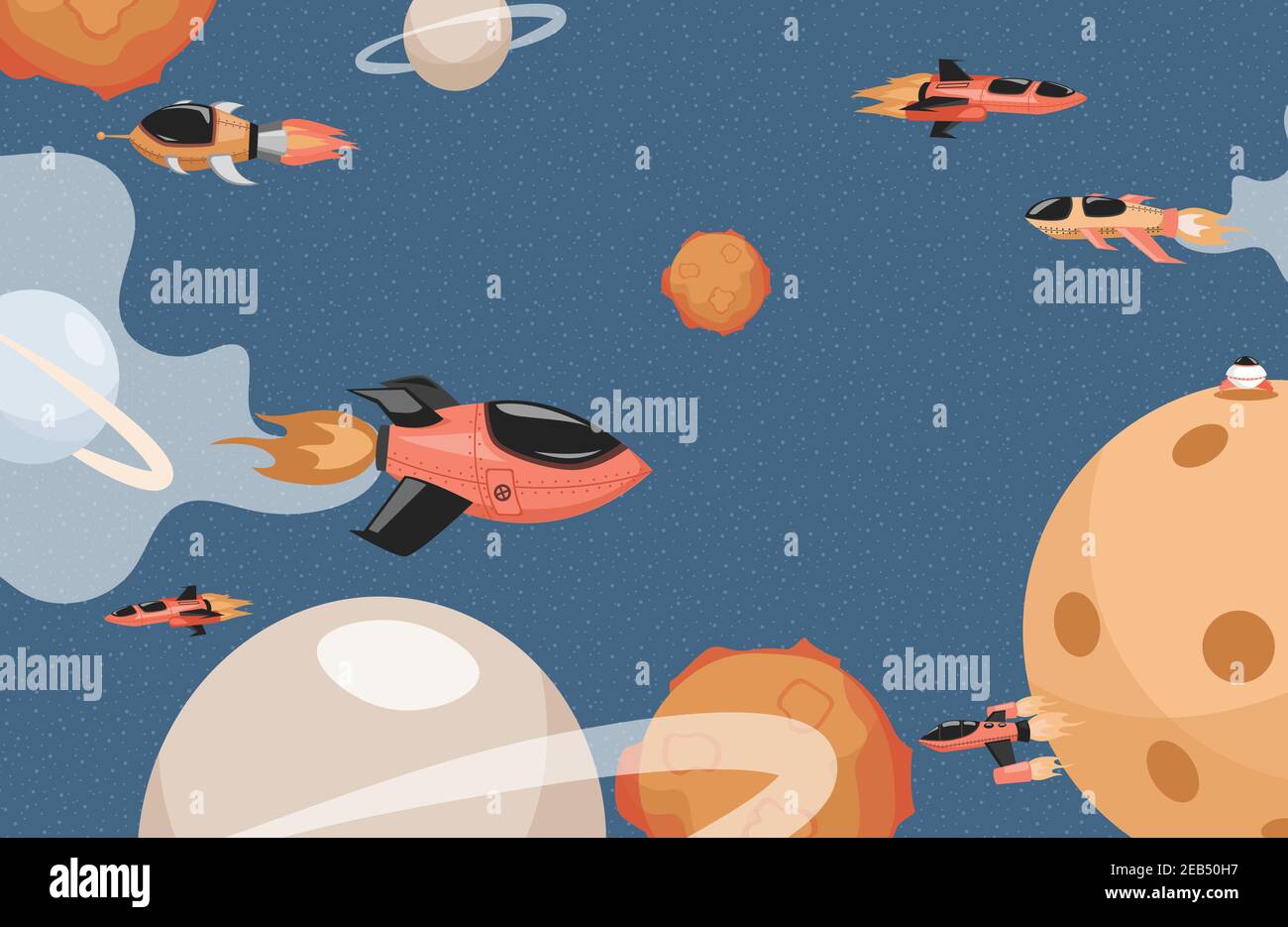 Space rockets flying in cosmos vector flat illustration. Spaceships in