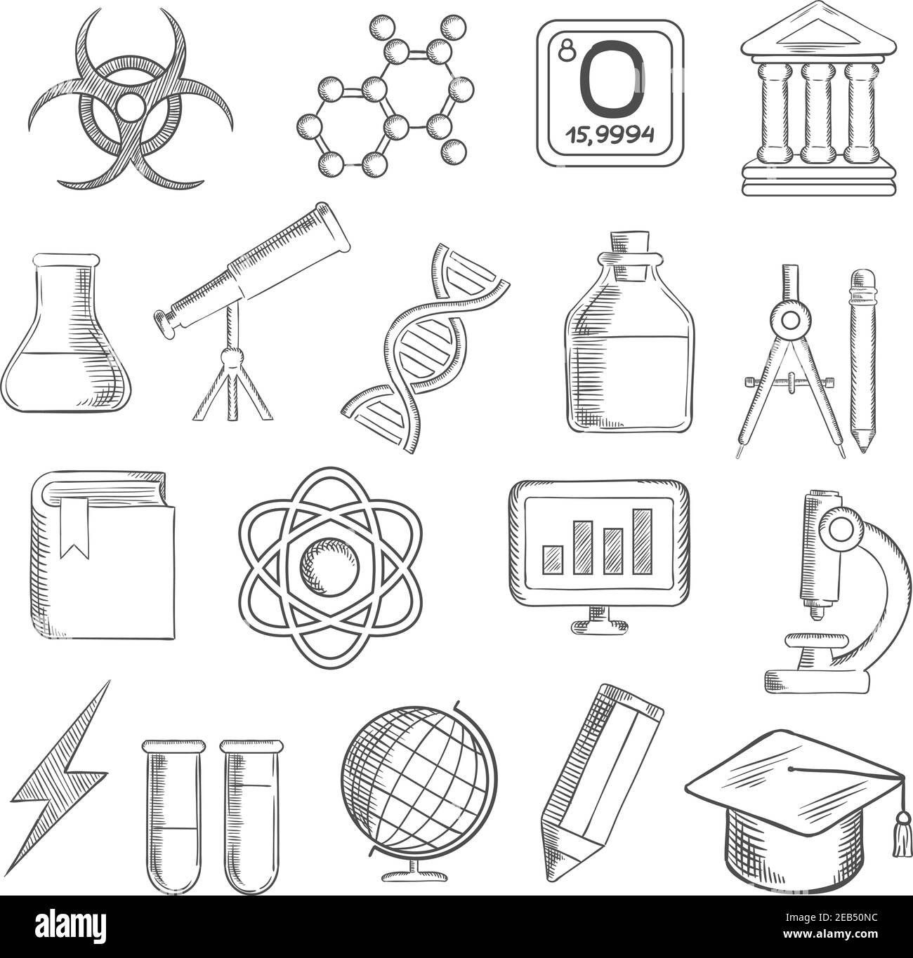 Science and education icons with college and book, laboratory glasses and computer, microscope and globe, graduation cap and pencil, compasses and dna Stock Vector
