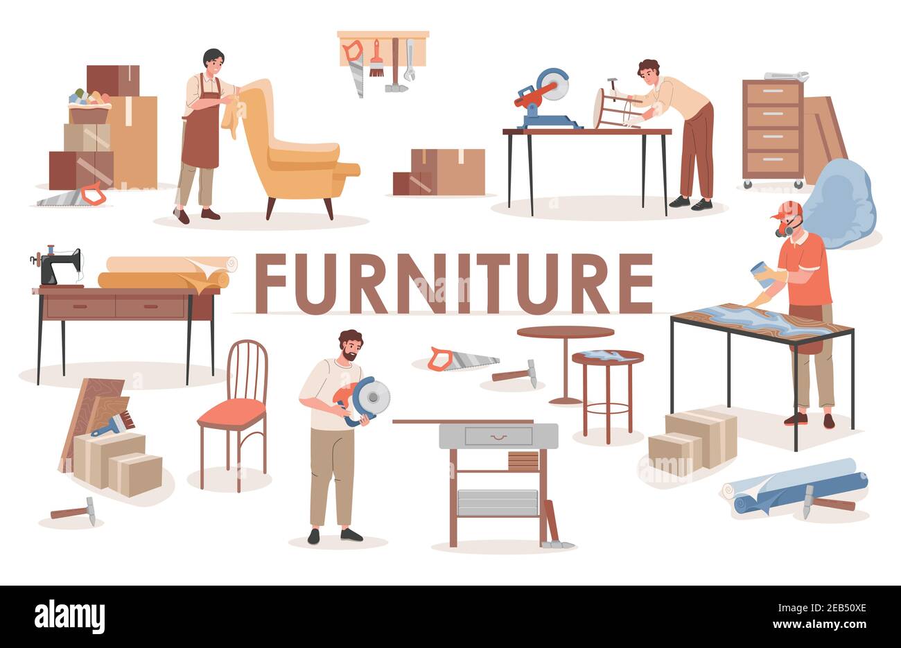 Furniture word banner design with text space. Group of carpenters at