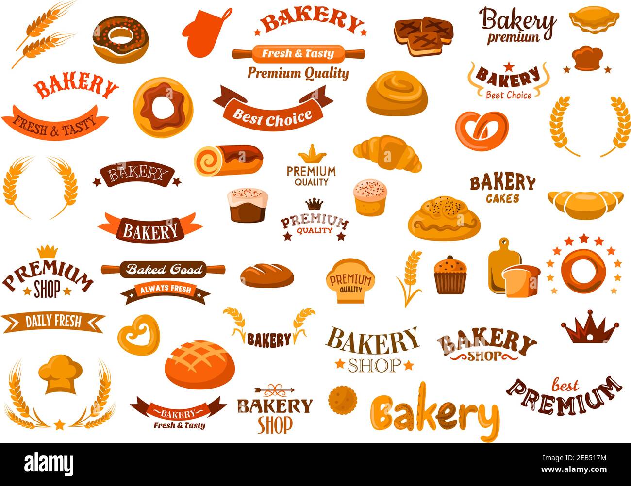 Bakery shop design elements with cupcakes, rye and wheat bread, buns ...