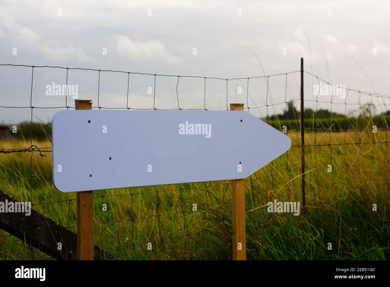 white wooden empty signpost placed in front of a grass field with a fence Stock Photo