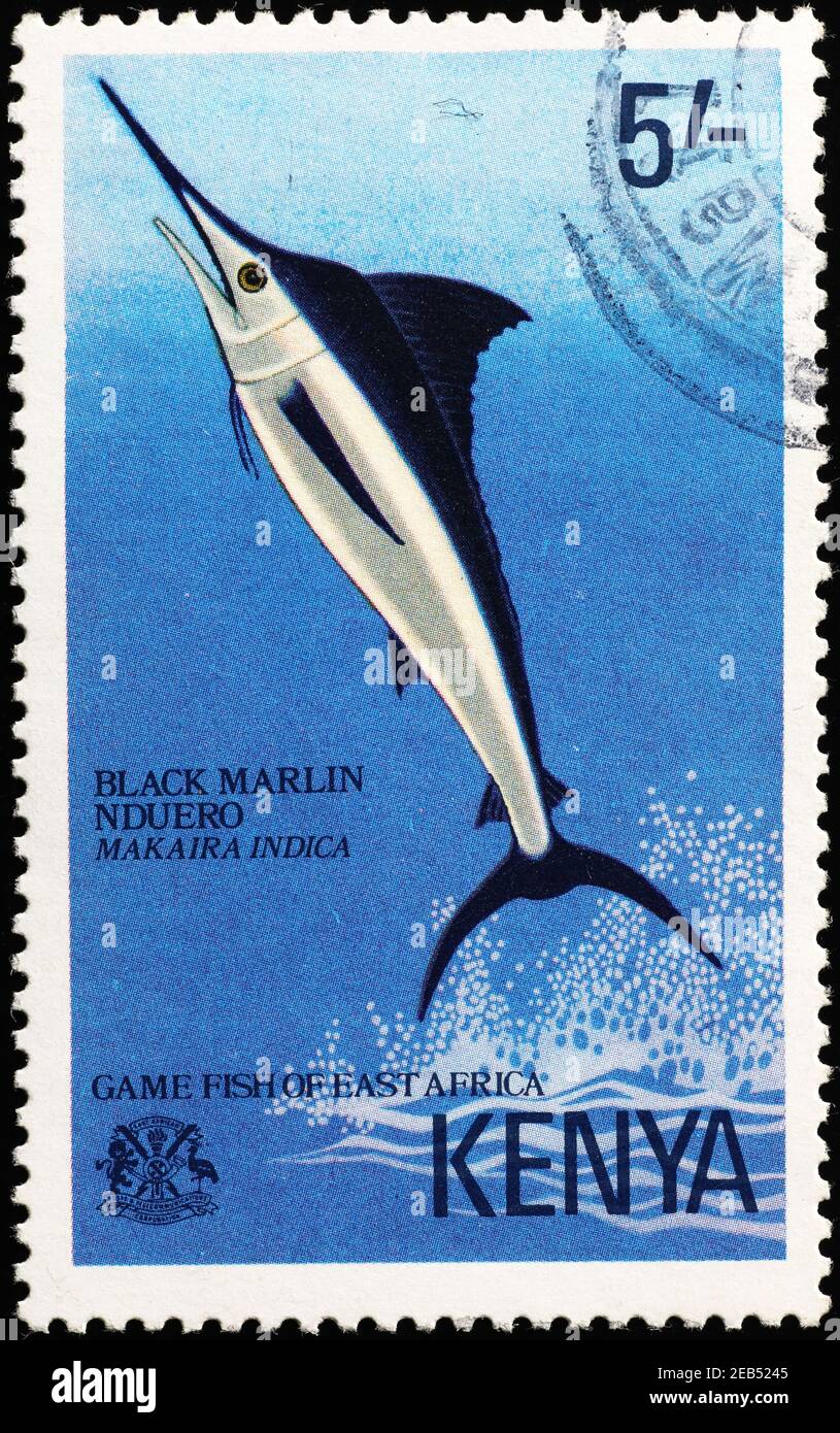 Black marlin on kenyan postage stamp Stock Photo