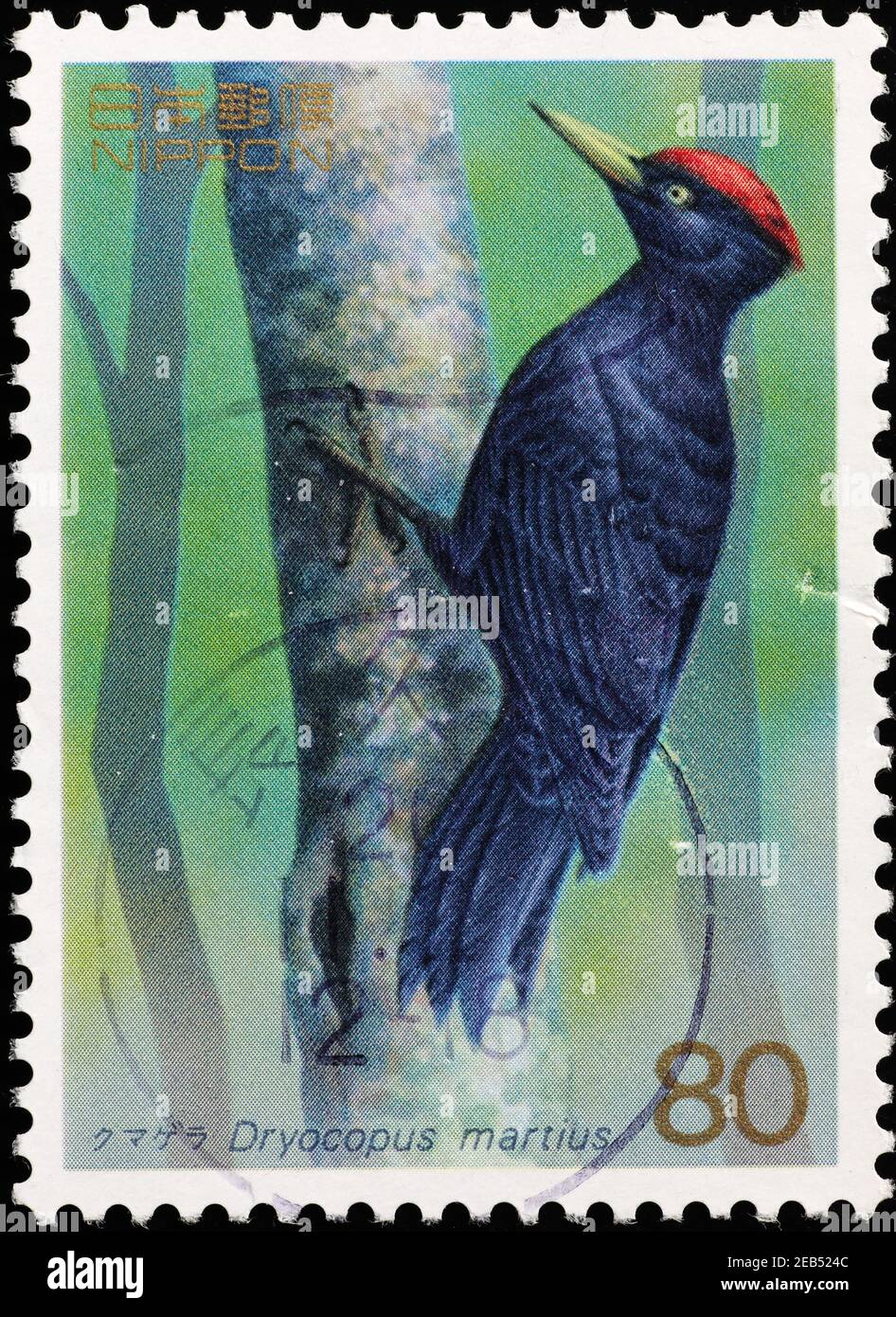Black woodpecker on japanese postage stamp Stock Photo