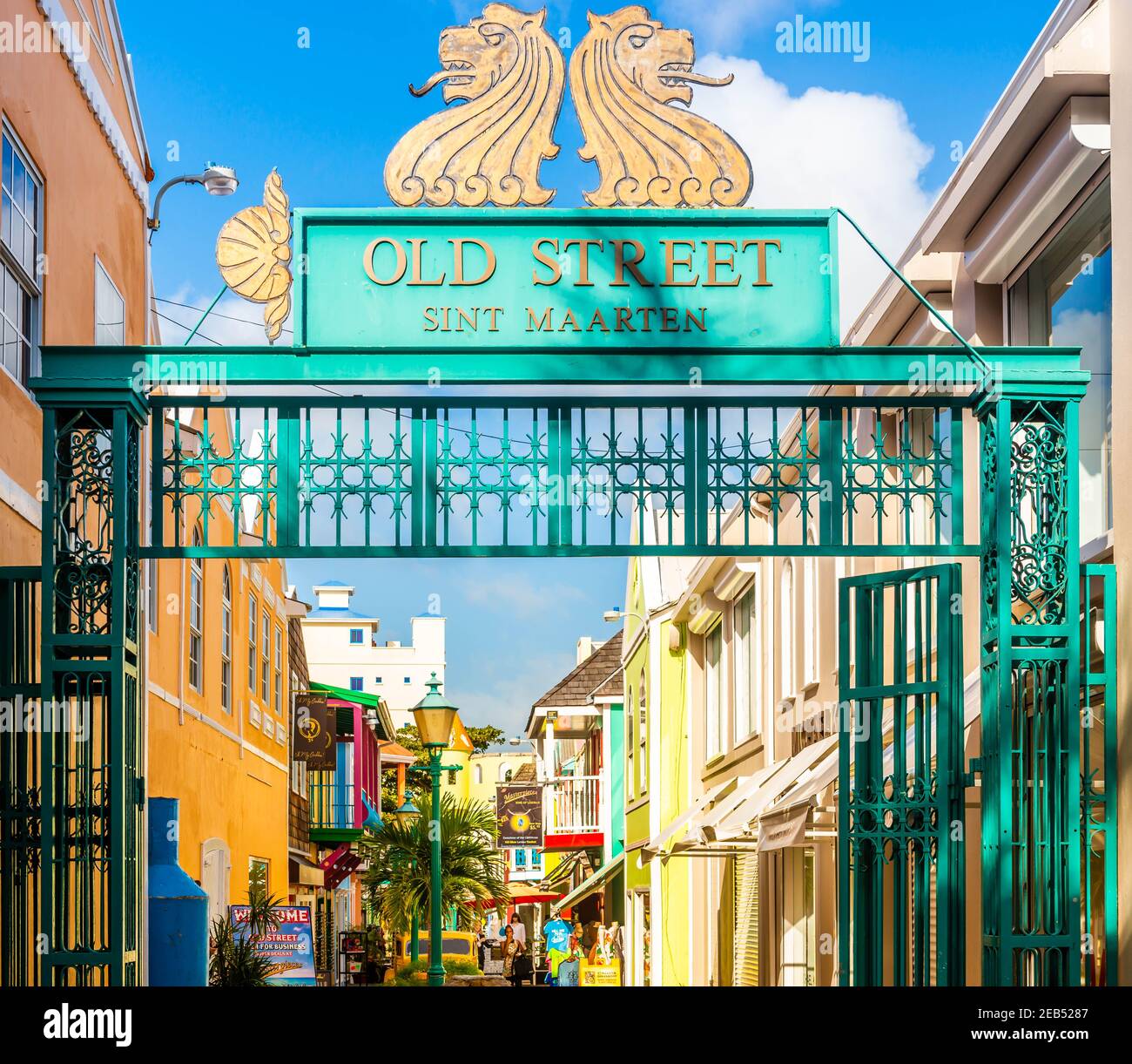 Entrance to the old street in Philipsburg on the island of Saint Martin in the Caribbean. Stock Photo