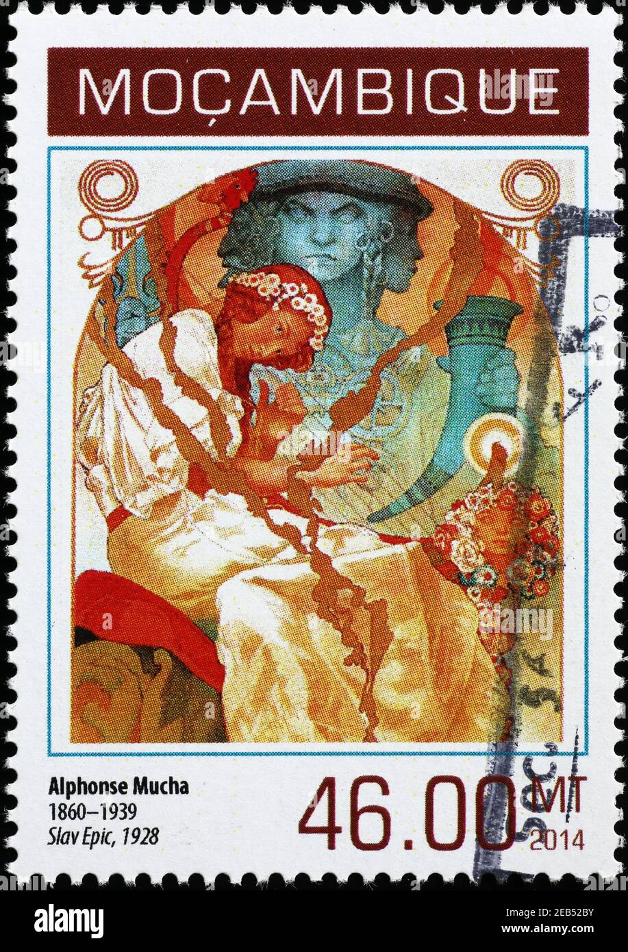 Complex llustration by Alfonse Mucha on postage stamp Stock Photo