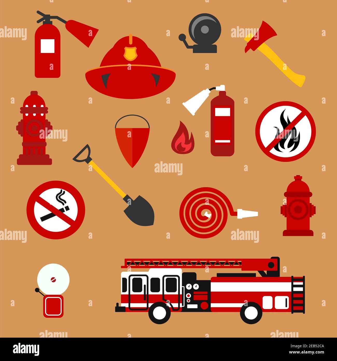 Fire safety and protection background with flat icons of fire truck