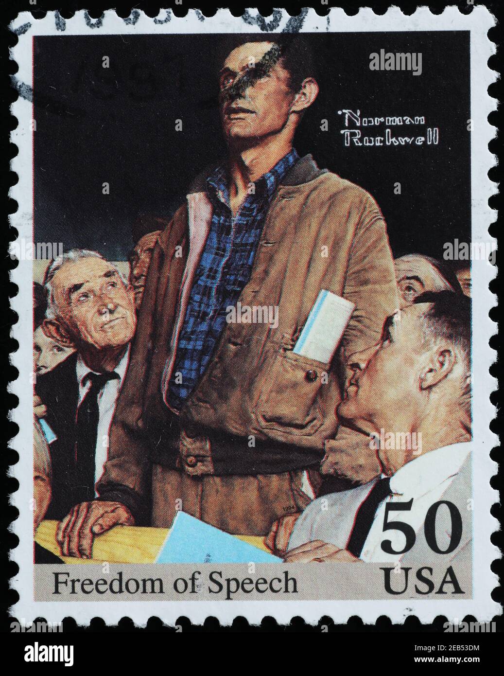 Freedom of speech in illustration by Norman Rockwell on american stamp Stock Photo