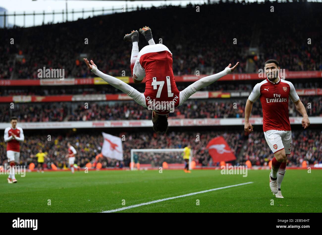 Soccer Football - Premier League - Arsenal vs Watford - Emirates Stadium, London, Britain - March 11, 2018   Arsenal's Pierre-Emerick Aubameyang celebrates scoring their second goal            Action Images via Reuters/Tony O'Brien    EDITORIAL USE ONLY. No use with unauthorized audio, video, data, fixture lists, club/league logos or 'live' services. Online in-match use limited to 75 images, no video emulation. No use in betting, games or single club/league/player publications.  Please contact your account representative for further details. Stock Photo