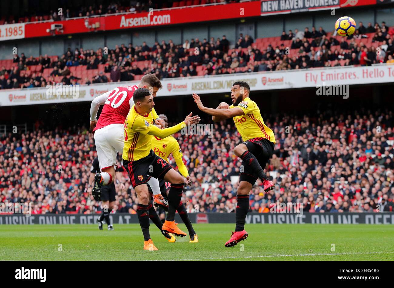 Soccer Football - Premier League - Arsenal vs Watford - Emirates Stadium, London, Britain - March 11, 2018   Arsenal's Shkodran Mustafi scores their first goal        REUTERS/Eddie Keogh    EDITORIAL USE ONLY. No use with unauthorized audio, video, data, fixture lists, club/league logos or 'live' services. Online in-match use limited to 75 images, no video emulation. No use in betting, games or single club/league/player publications.  Please contact your account representative for further details. Stock Photo