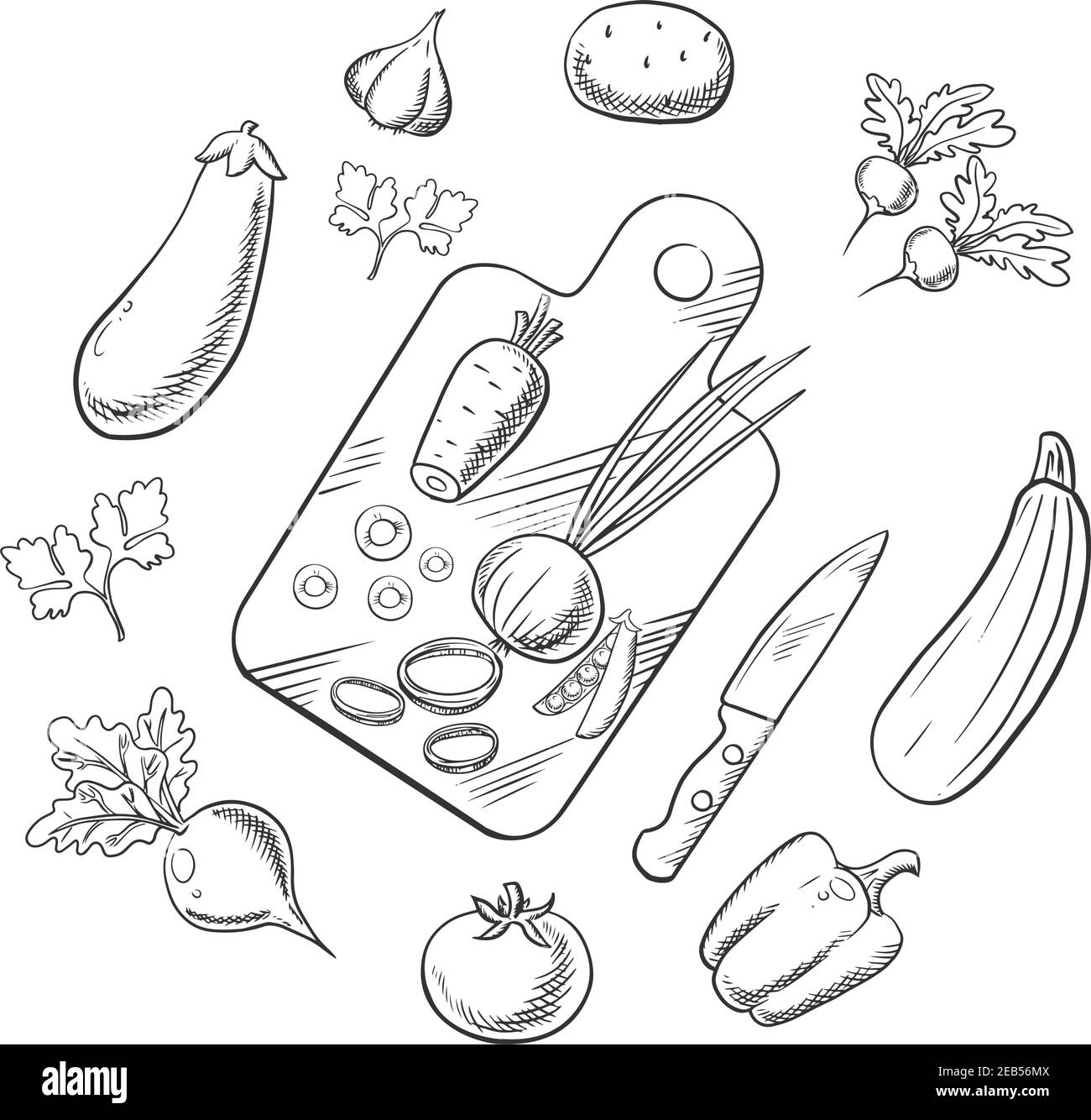 Cooking process of a vegetarian salad with knife, chopping board and tomato, carrot and pea, onion and potato, bell pepper, garlic and radish, beet an Stock Vector
