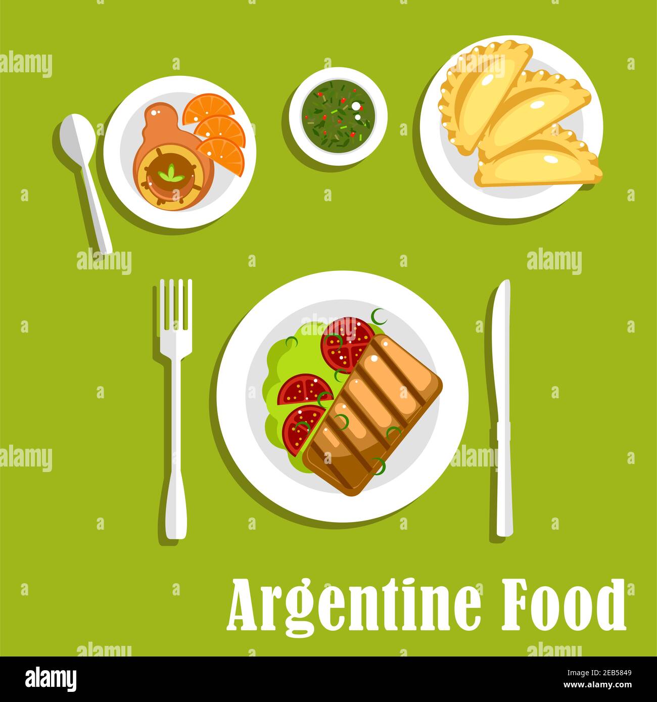 Traditional argentine cuisine flat icons with asado, served with grilled beef steak and tomatoes on lettuce, empanadas, dulce de leche milk candy with Stock Vector