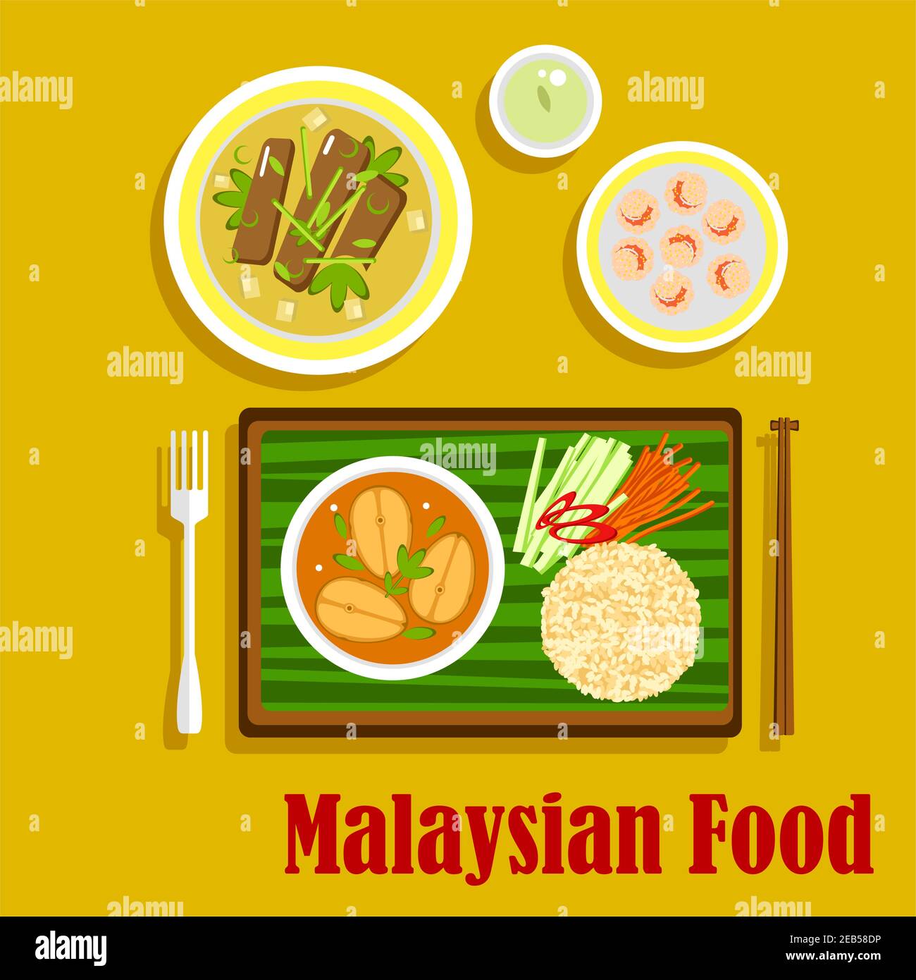 Malaysian cuisine dinner flat icons with nasi lemak rice with cucumber, carrot and pepper sticks and fish curry, served on banana leaf, beef rendang, Stock Vector