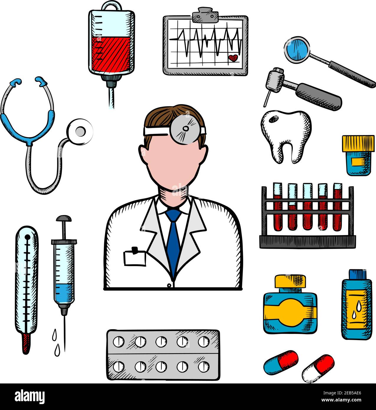 Doctor therapist in flat style with medical icons as tubes, flasks, drugs and pills, syringe, dentistry, blood transfusion, ultrasound stethoscope Stock Vector