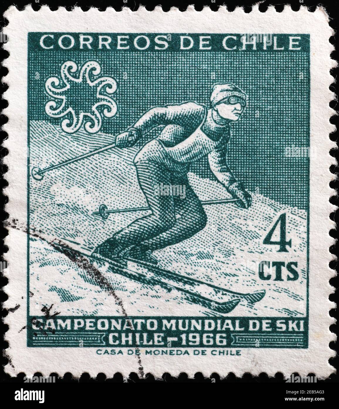 Slalom race on old chilean postage stamp Stock Photo