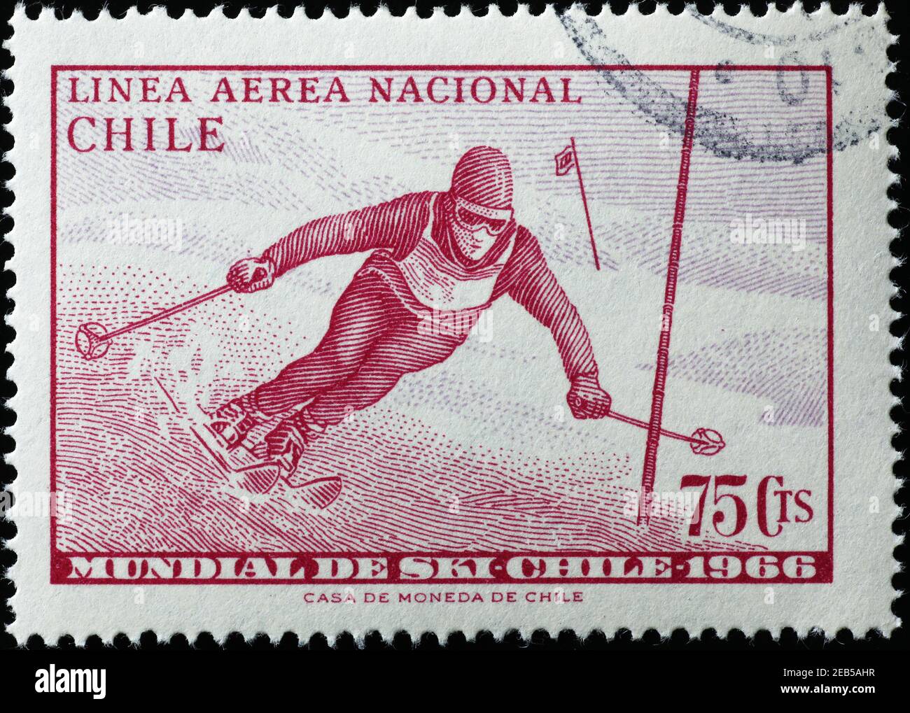 Slalom race on vintage chilean postage stamp Stock Photo