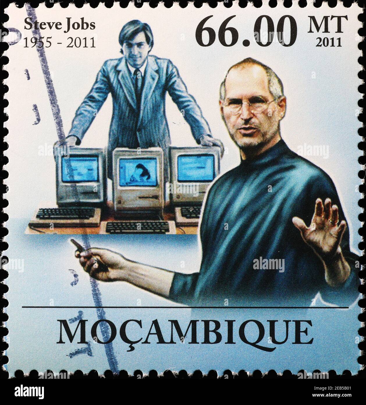 Steve Jobs during a speech on postage stamp Stock Photo