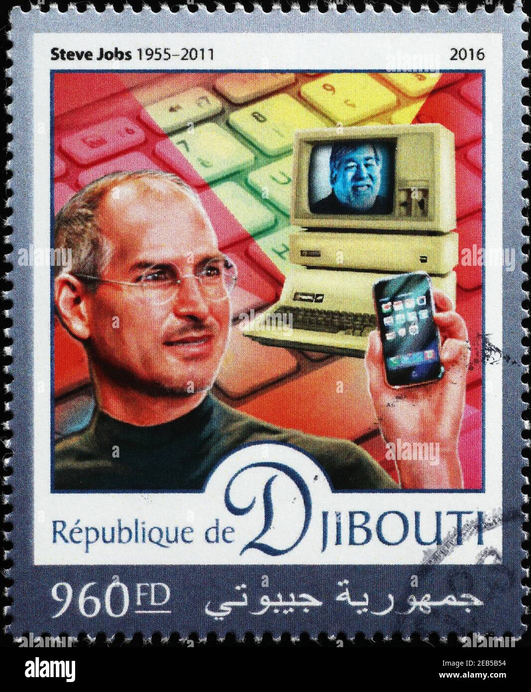 Steve Jobs with an I-Phone on postage stamp Stock Photo