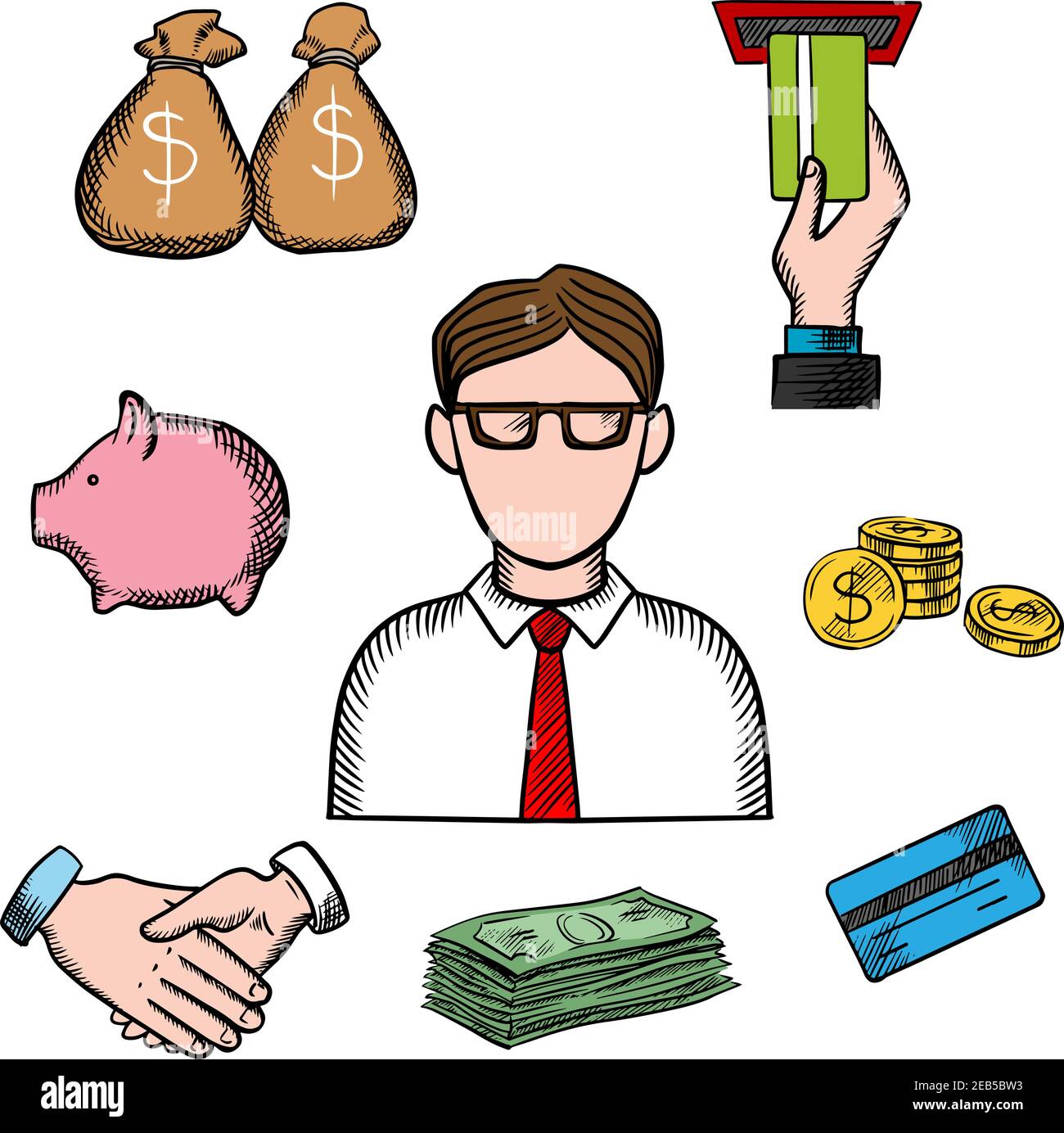 Banker profession icons with businessman in glasses and financial icons ...