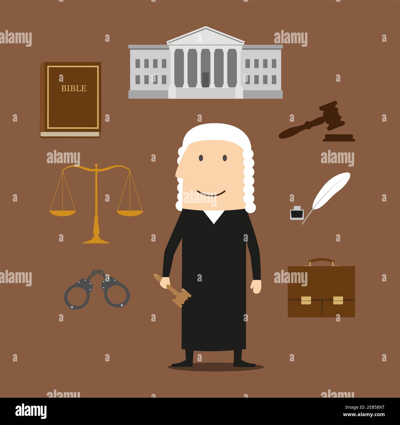 Judge profession icons with judge man in mantle and wig, encircled by