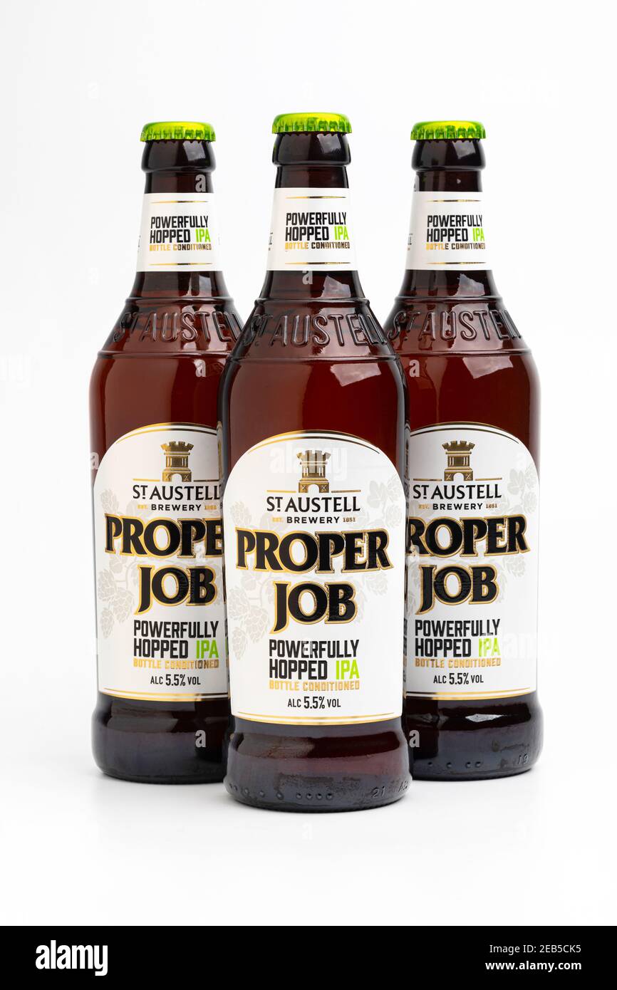 Three bottles of Cornish St Austell brewery Proper Job IPA Stock Photo