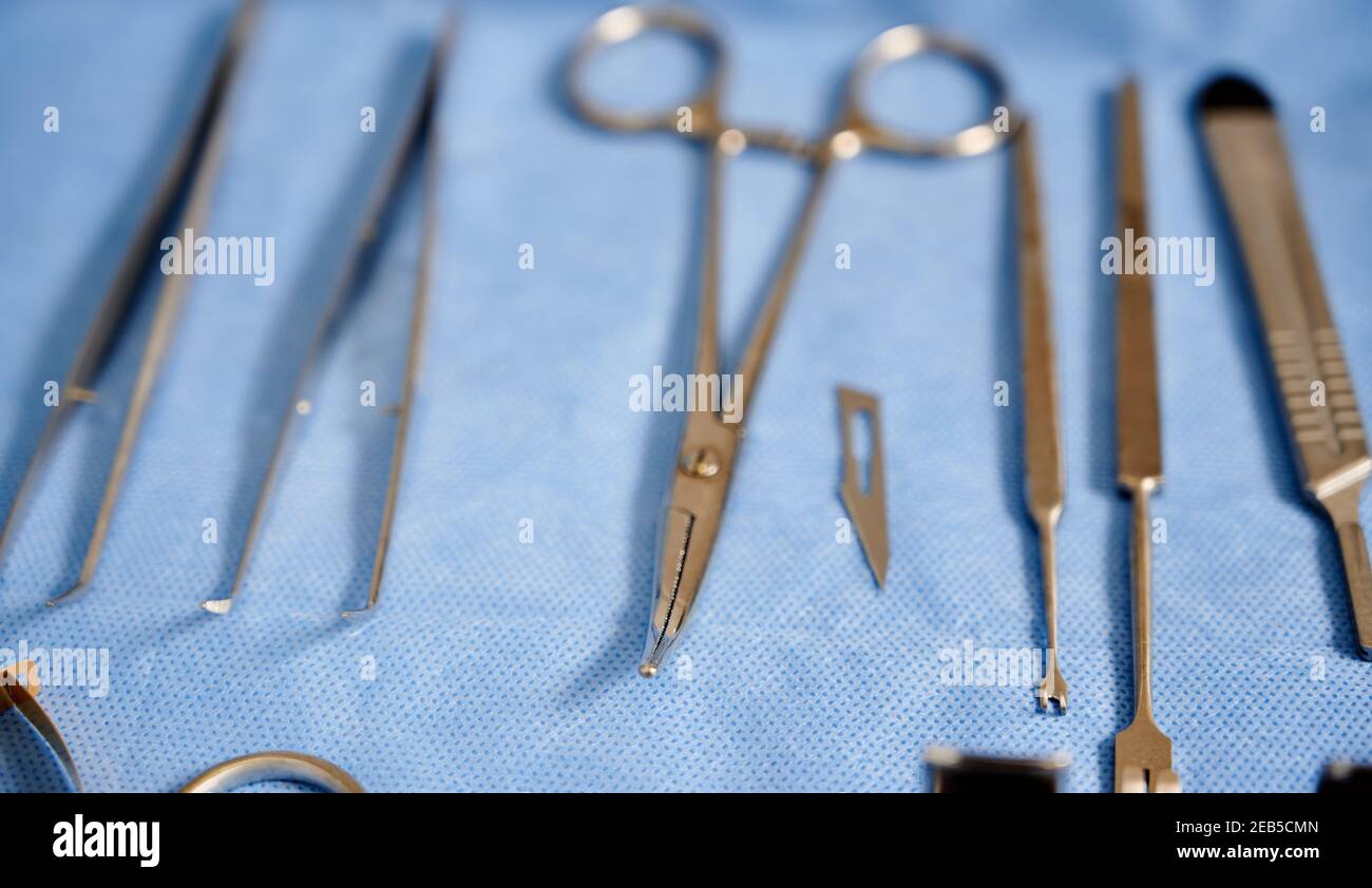 Set of various stainless steel tools for plastic surgery: curved scissors, forceps, scalpel and tweezers in operating room. Concept of aesthetic surgery, medical instruments and surgery preparation. Stock Photo