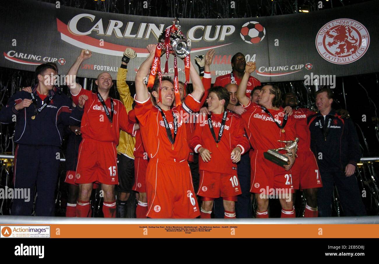 photo Gareth Southgate Middlesbrough Carling Cup https www alamy com football carling cup final bolton wanderers v middlesbrough the millennium stadium cardiff 29204 gareth southgate lifts the trophy for middlesbrough mandatory credit action images darren walsh livepic image402719874 html