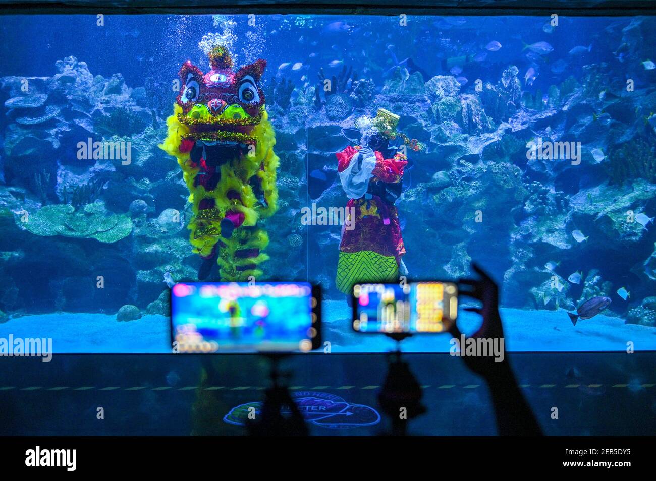 Kuala Lumpur, Malaysia. 12th Feb, 2021. Divers perform lion dance under