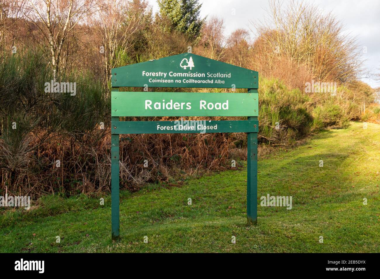 Mossdale, Scotland - December 21st 2020: Raiders Road forestry sign in the Galloway Forestry Park, Mossdale, Scotland Stock Photo