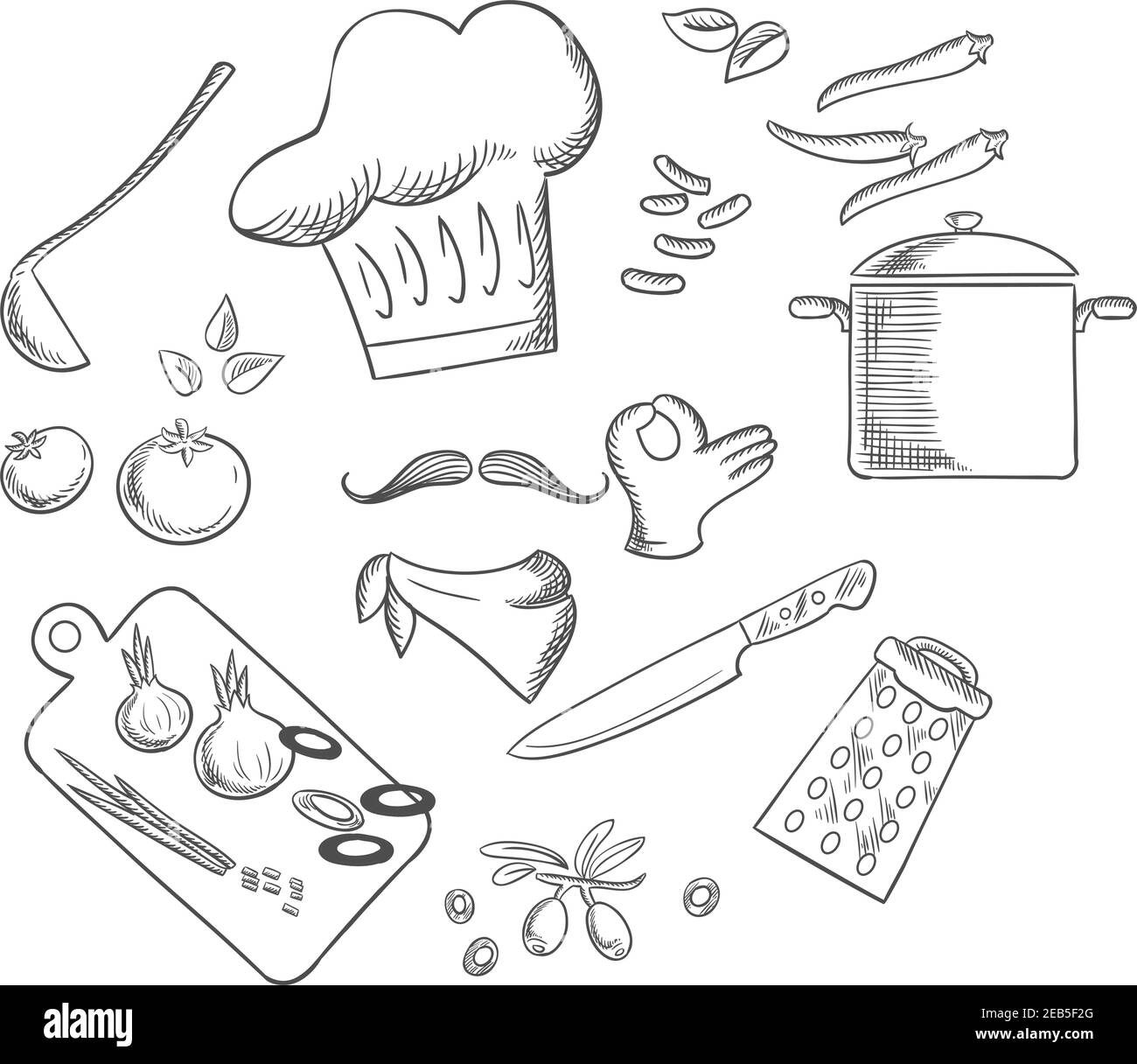 Chef preparing vegetarian salad with tomato, onion and pepper, carrot and olives vegetables. Vector sketch illustration Stock Vector
