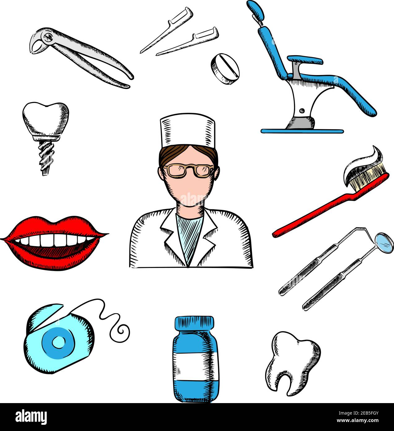 Dentistry design with female dentist in glasses and white uniform