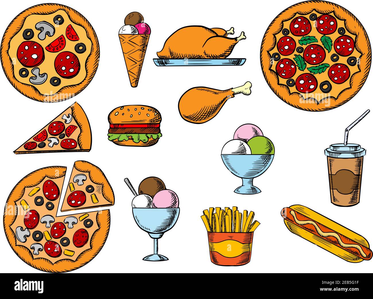 Fast food menu pizzas with different toppings, takeaway box of french