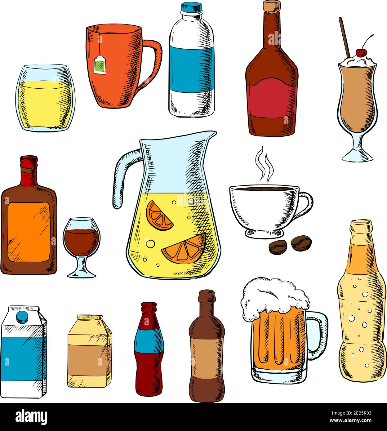 Assorted beverages, alcohol and drinks icons with fruit juice, beer