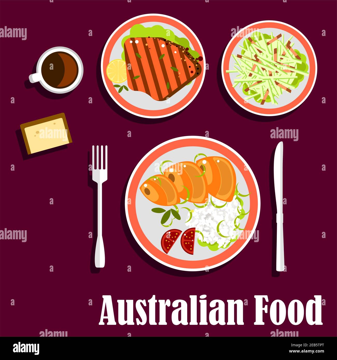 National australian dishes with salmon, served with rice, fresh tomatoes and green onion, grilled lamb steak with lemon, fresh vegetables salad, wheat Stock Vector