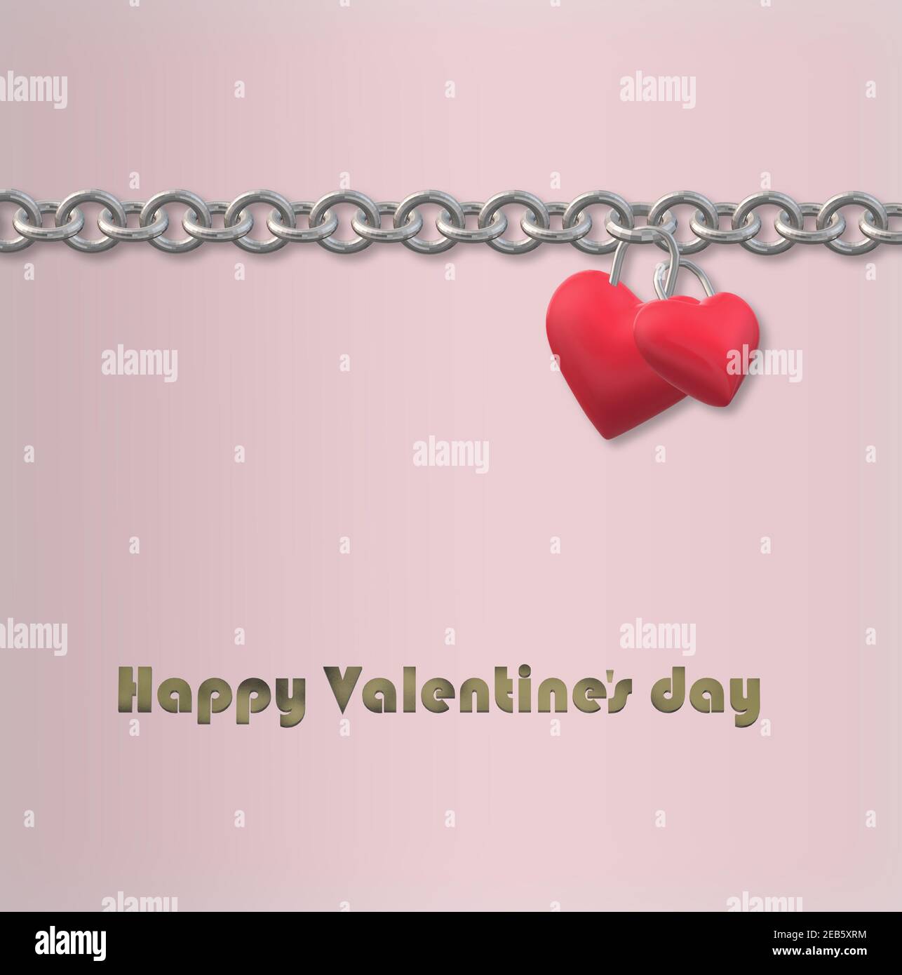 Two linked hearts hanging on chain on pink background with text Happy Valentines day. Valentines card, love design, couple concept. 3D rendering Stock Photo