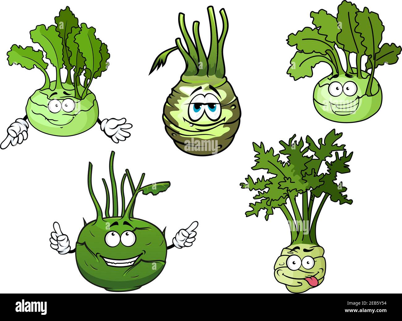 Cartoon funny crunchy kohlrabi cabbages vegetable characters with green rounded heads and fresh leaves. Addition to recipe book, vegetarian menu or ki Stock Vector