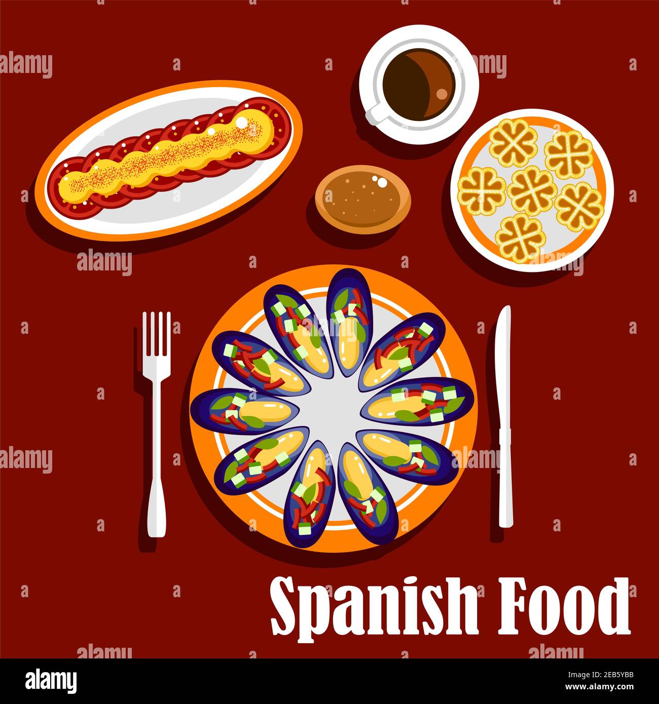 Traditional spanish cuisine flat icons of seafood tapas with marinated mussels served with tomato vinaigrette and vegetables, fresh tomatoes topped wi Stock Vector