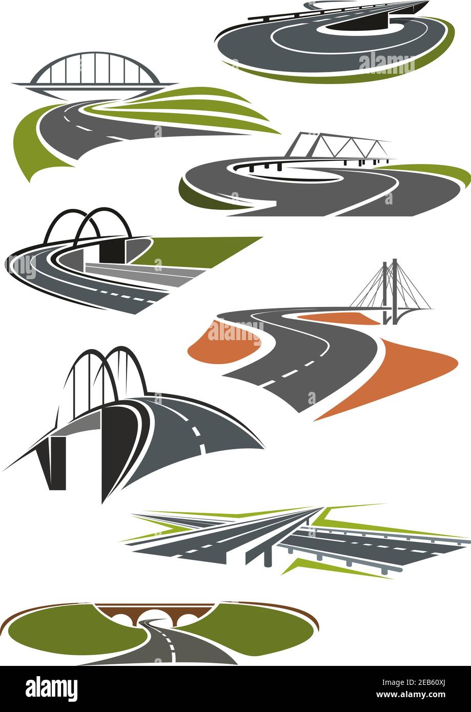 Icons of asphalt roads and highways with bridges Stock Vector
