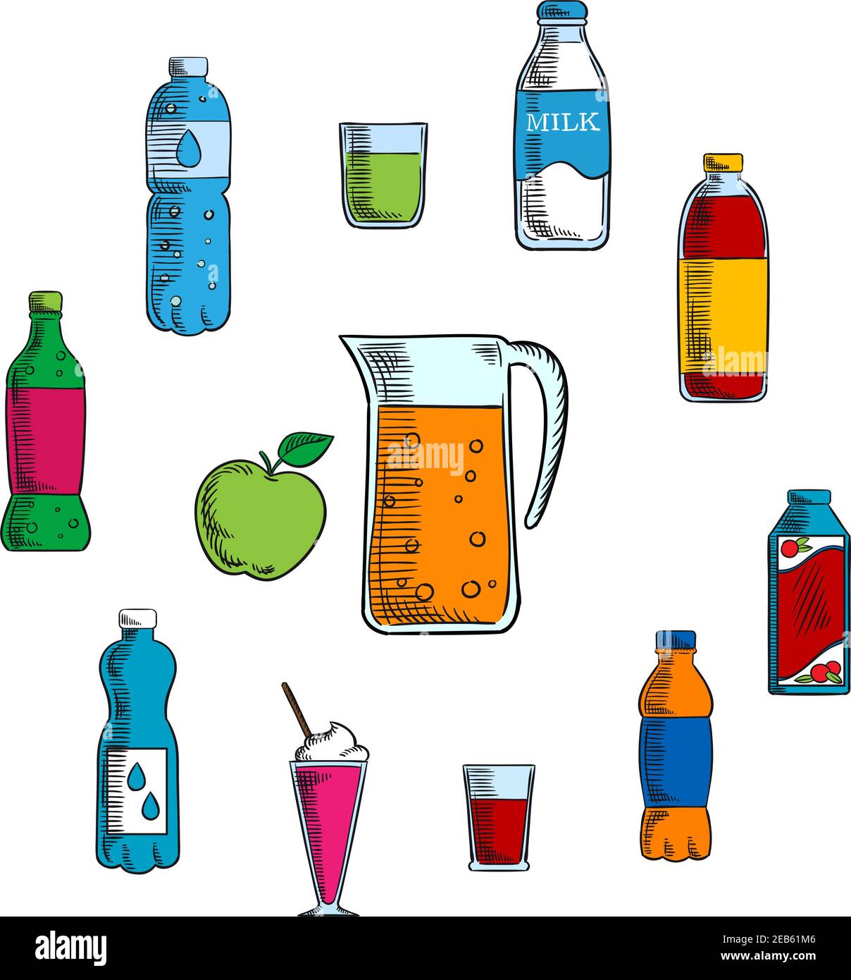 Non alcoholic beverages and drinks with pitcher and fresh apple