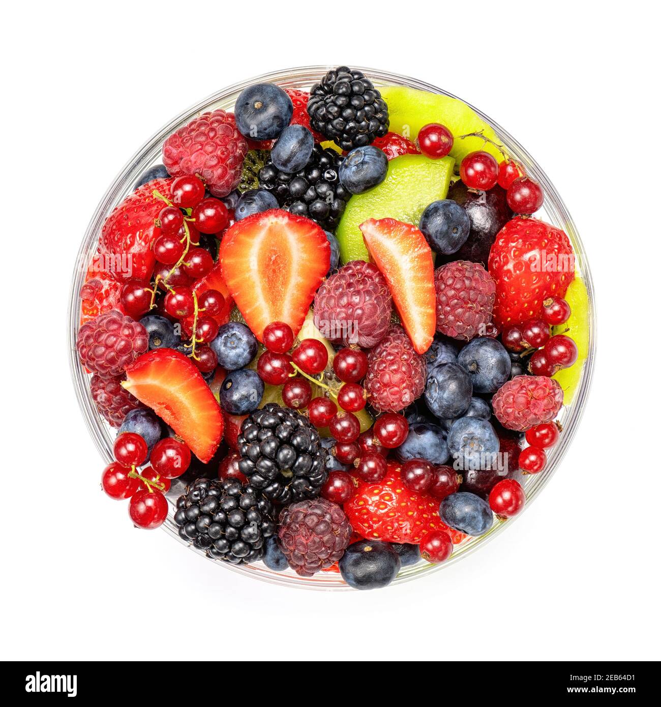 Fruit salad in glass bowl top view isolated on white background Stock ...
