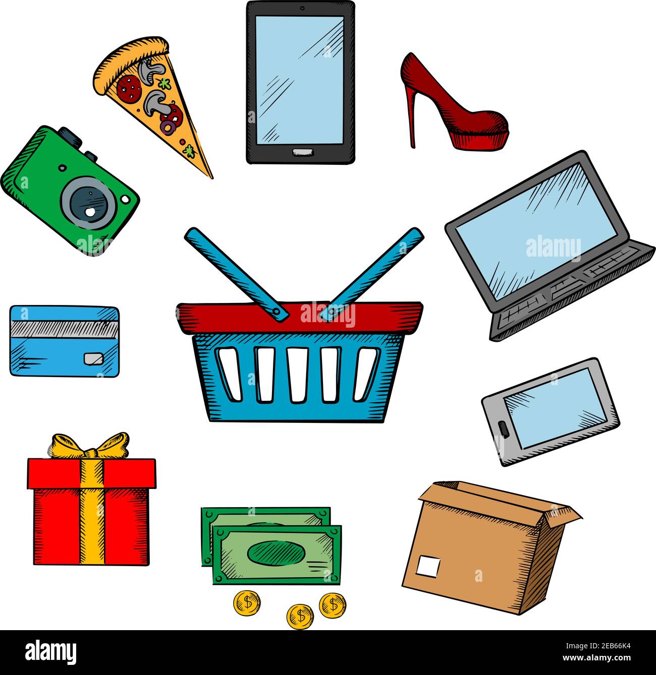 Trading and online shopping icons with smartphone, tablet and laptop