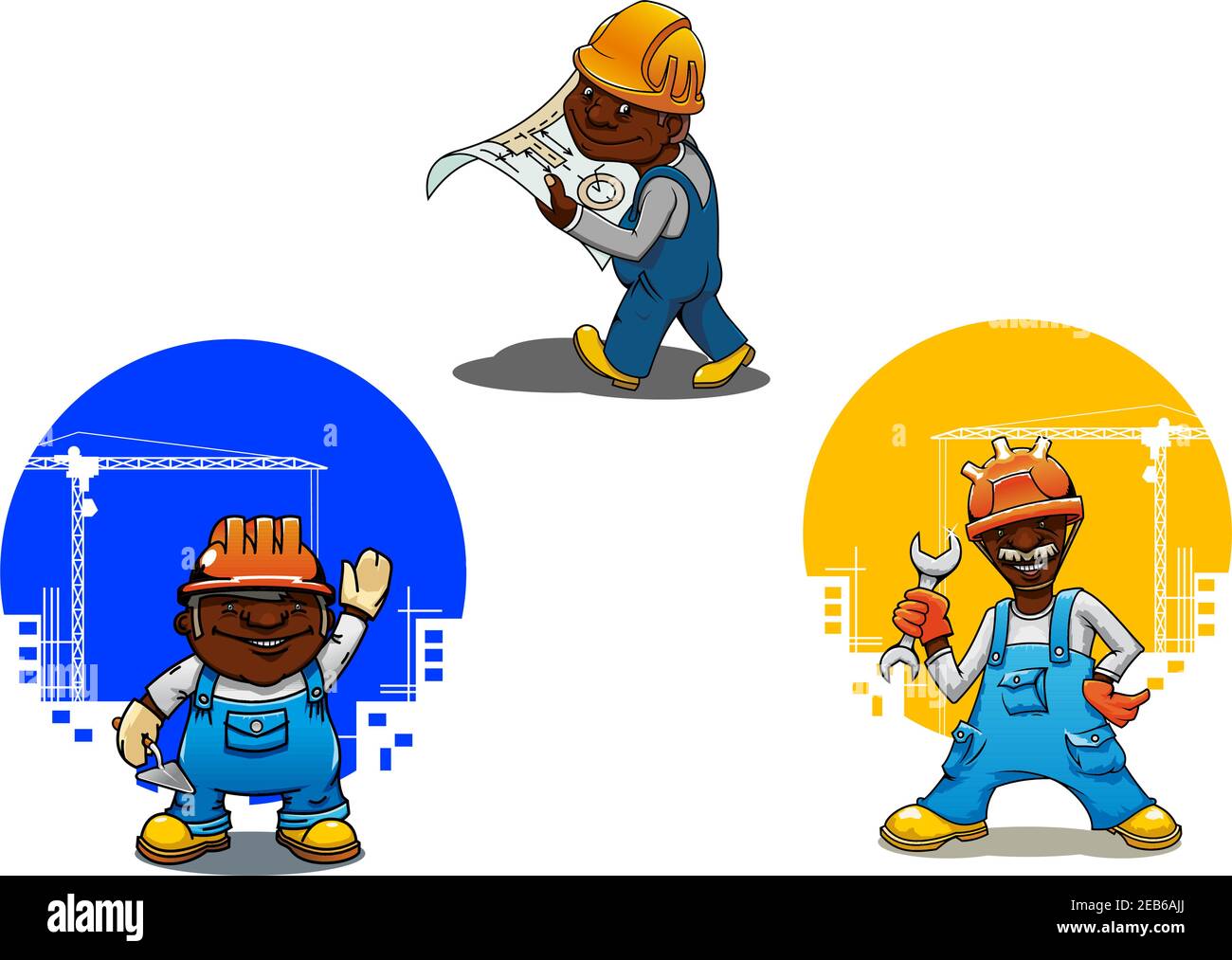 Cheerful smiling builder, bricklayer and engineer cartoon characters in orange hard hats with spanner, mason trowel and blueprint in hands. Constructi Stock Vector