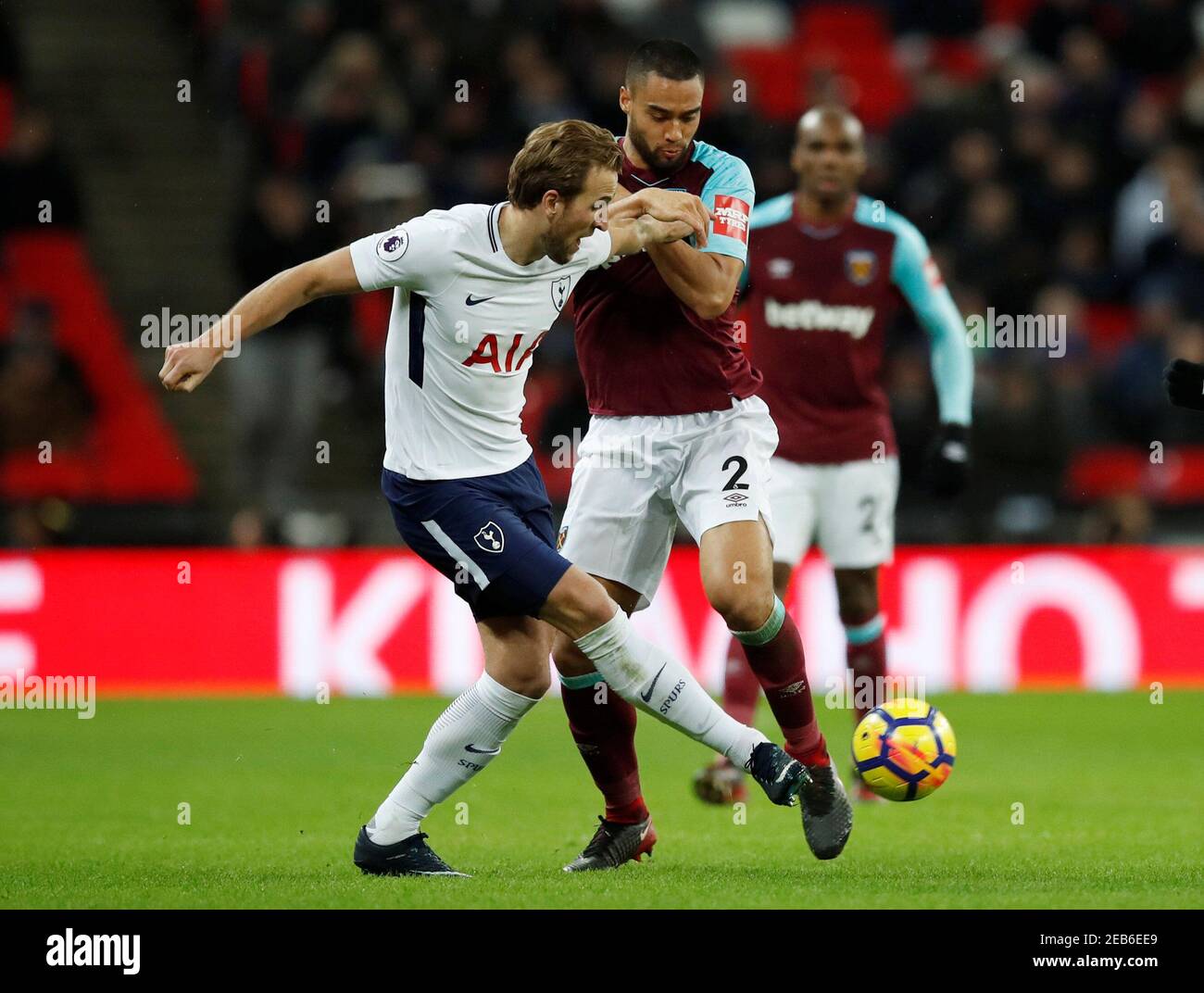 Soccer Football - Premier League - Tottenham Hotspur vs West Ham United - Wembley Stadium, London, Britain - January 4, 2018   Tottenham's Harry Kane in action with West Ham United's Winston Reid    REUTERS/Eddie Keogh    EDITORIAL USE ONLY. No use with unauthorized audio, video, data, fixture lists, club/league logos or 'live' services. Online in-match use limited to 75 images, no video emulation. No use in betting, games or single club/league/player publications.  Please contact your account representative for further details. Stock Photo